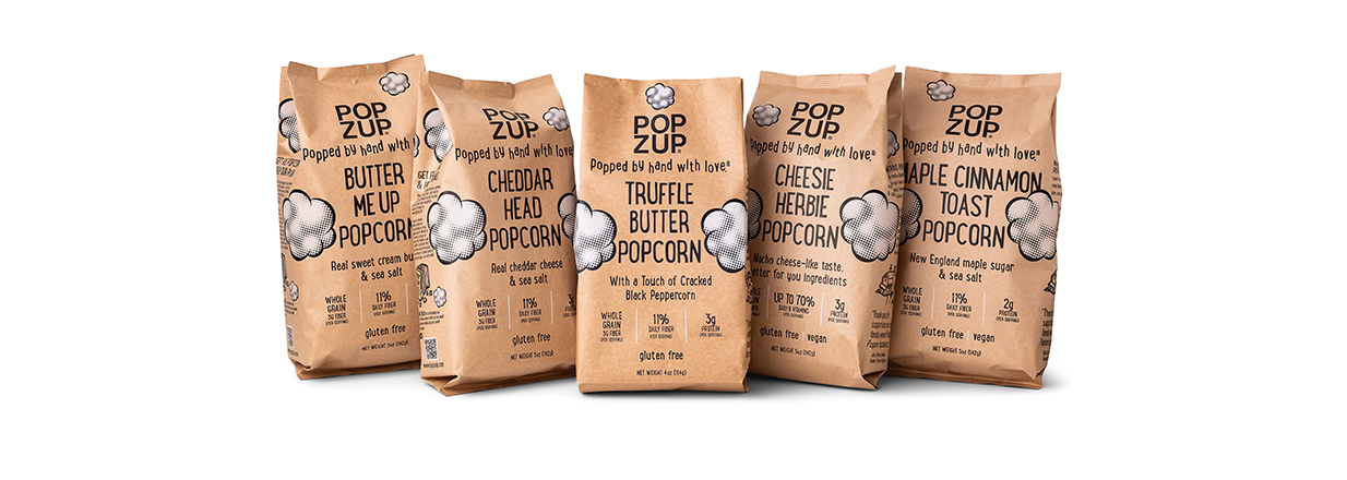 Popzup Butter Me Up, Cheddar Head, Truffle Butter, Cheesie Herbie and Maple Cinnamon Toast Ready to eat Popcorn bags